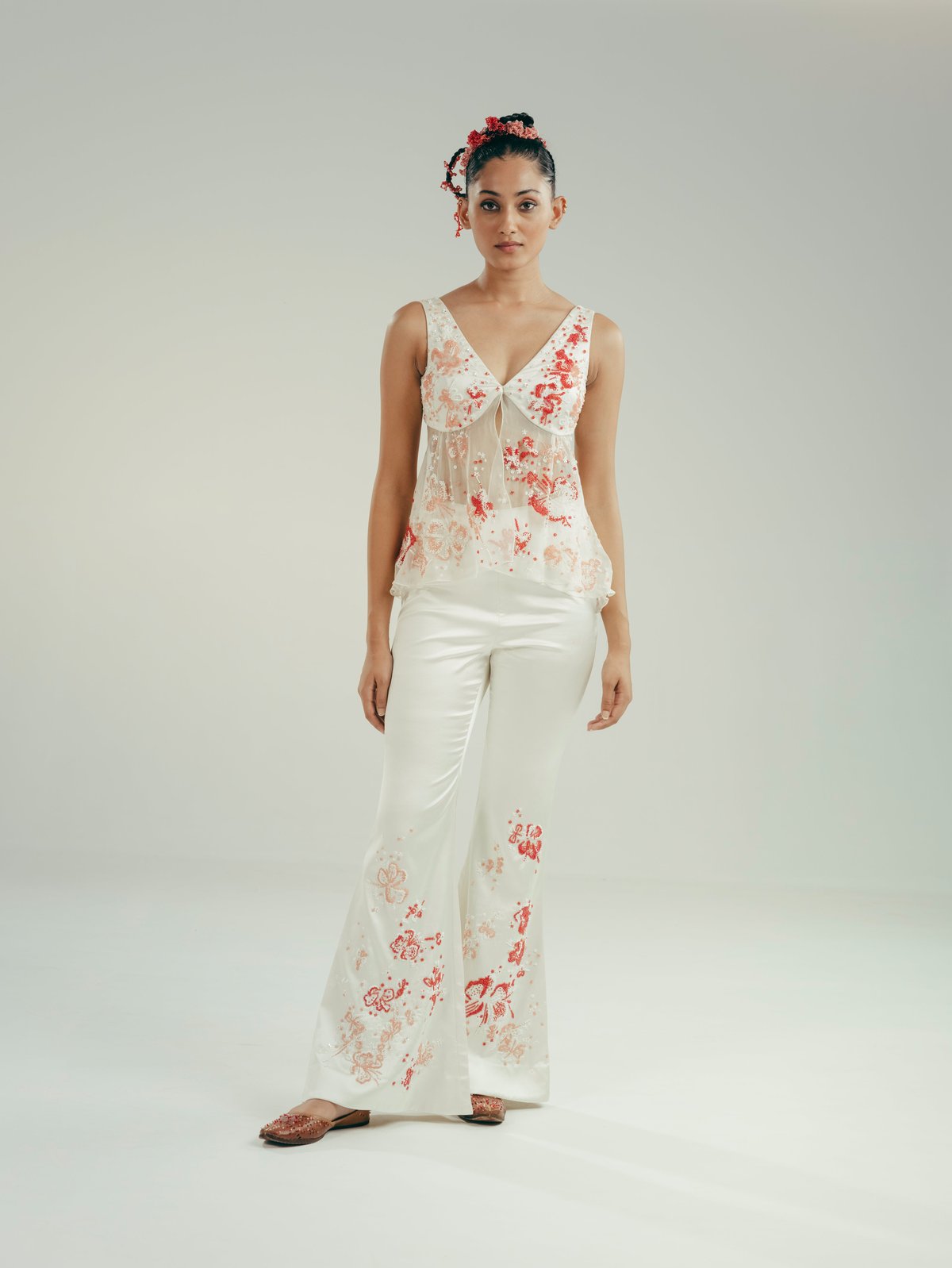 White Satin Top and Flared Pant Co-ord Set with Floral Embroidery