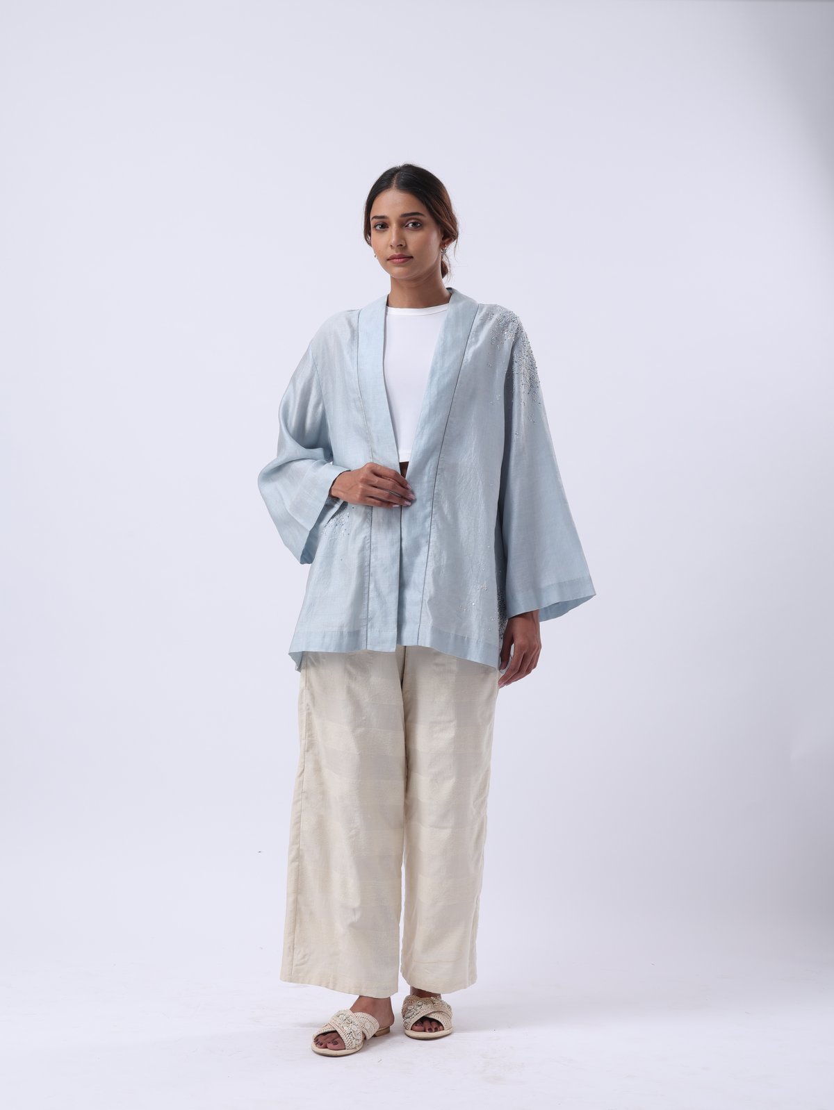 Chamray Blue Hand Embroidered Bell Sleeve Shrug