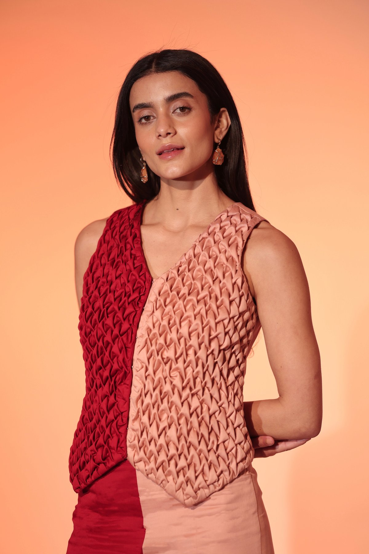 Red/Light Pink Smocked Colorblock Waistcoat Top