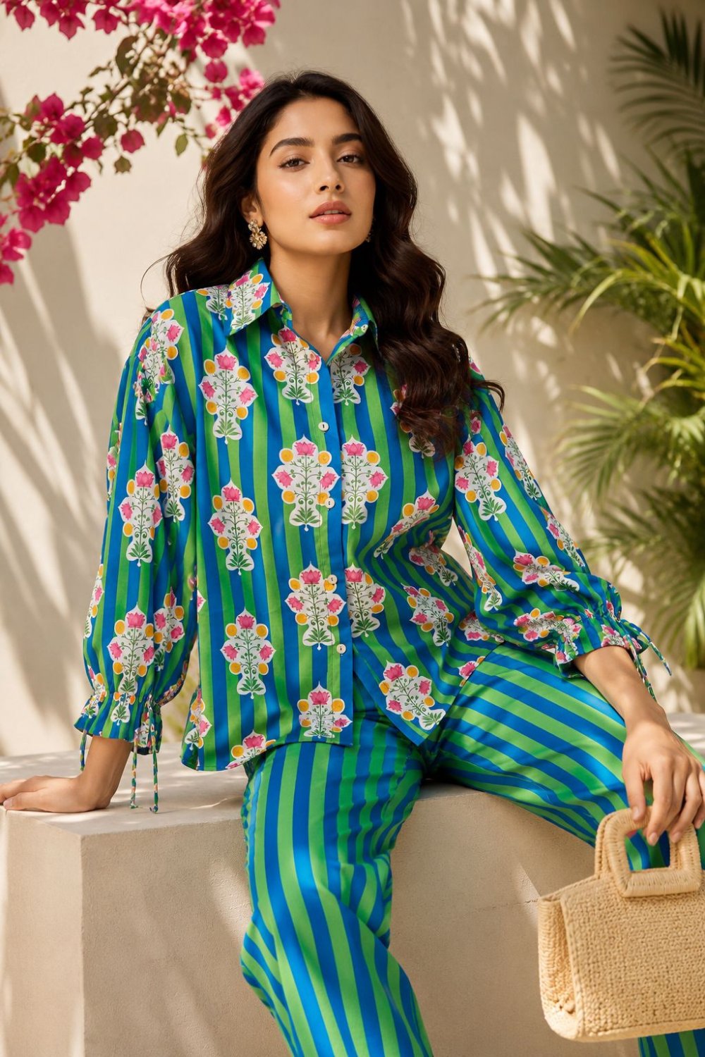 Green Blue Striped Floral Shirt and Trouser Co-ord Set