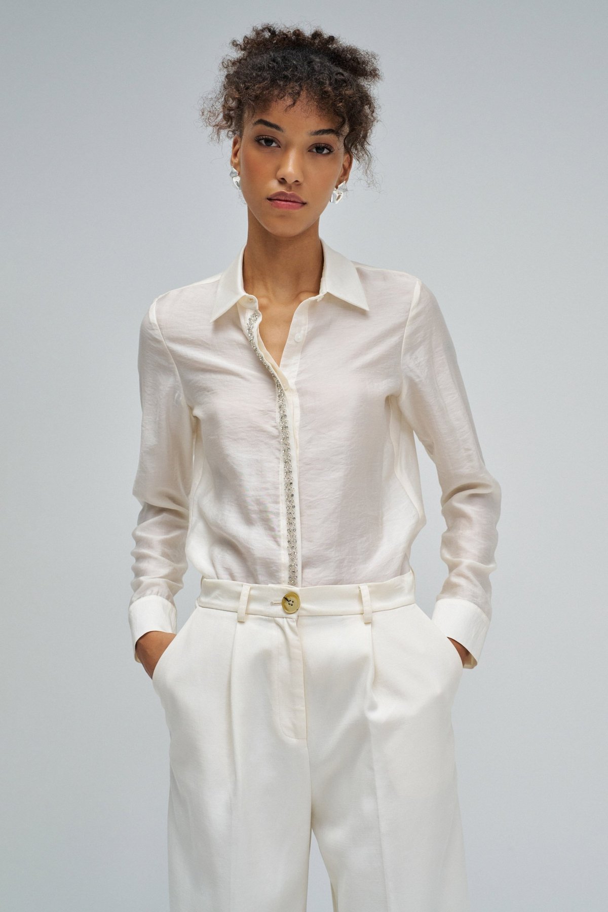 Light Beige Embellished Placket Button-Down Shirt