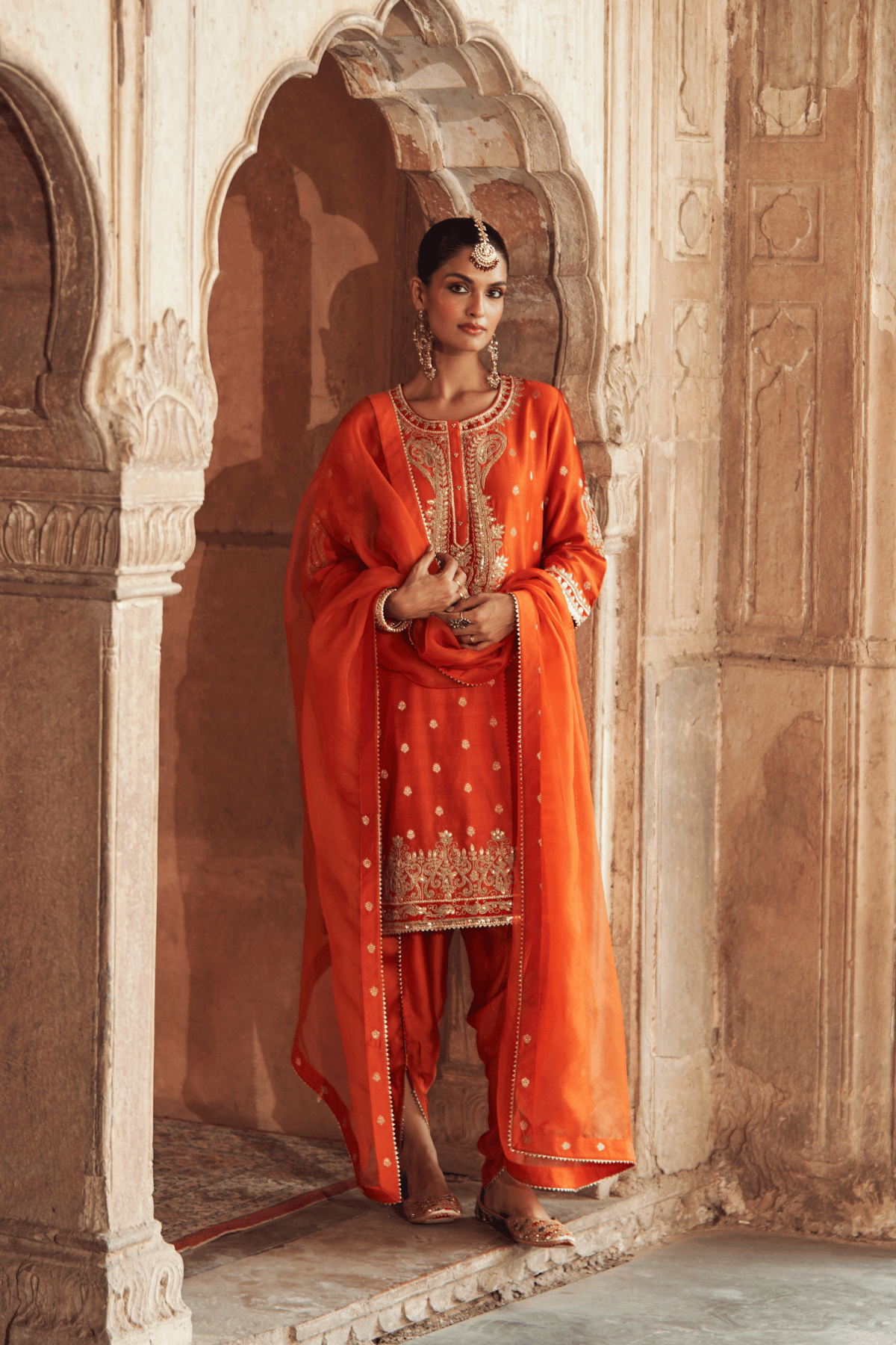 Burnt Orange Embroidered Straight Kurta Set with Tulip Pant