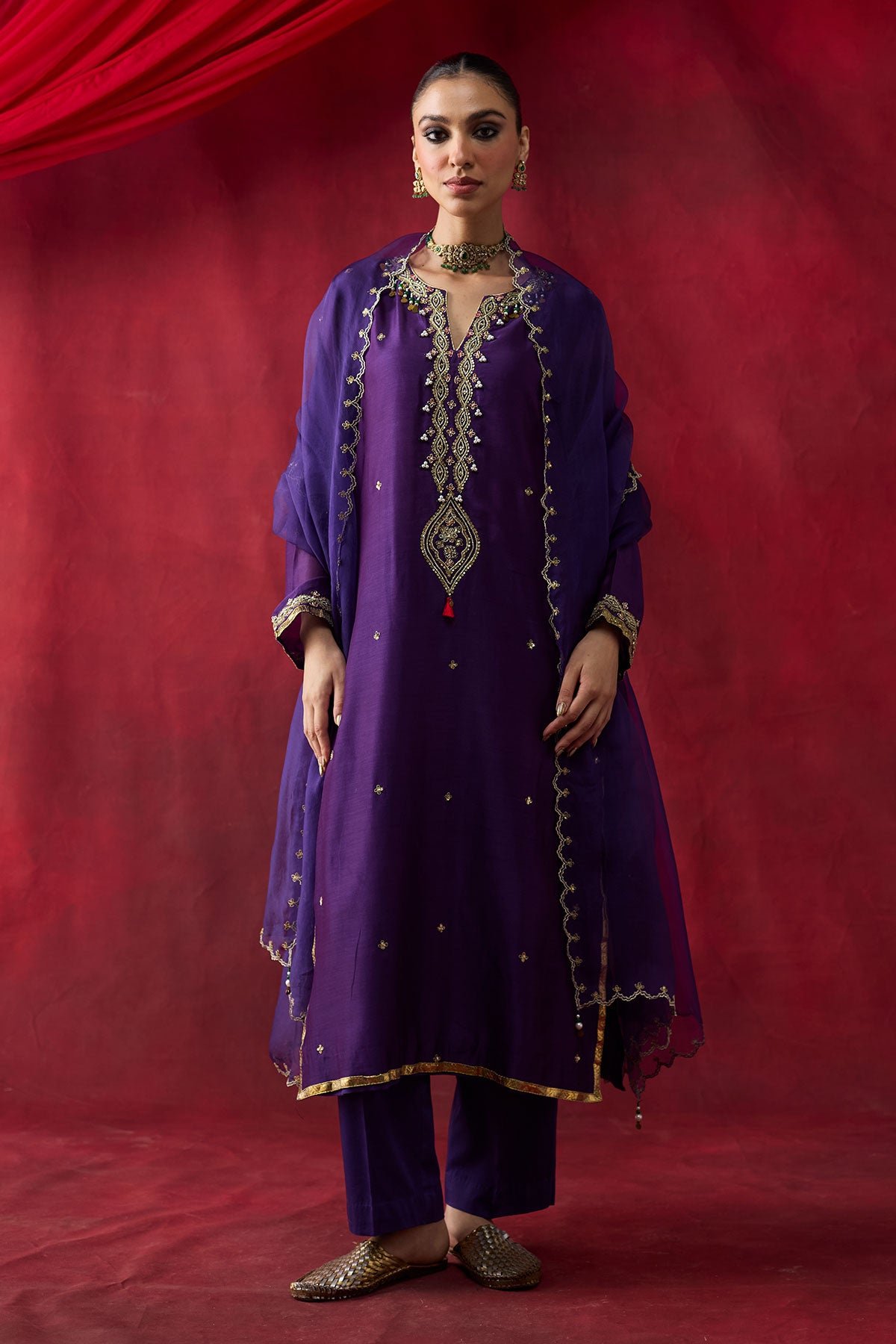 Purple Embroidered Straight Kurta Set with Dupatta