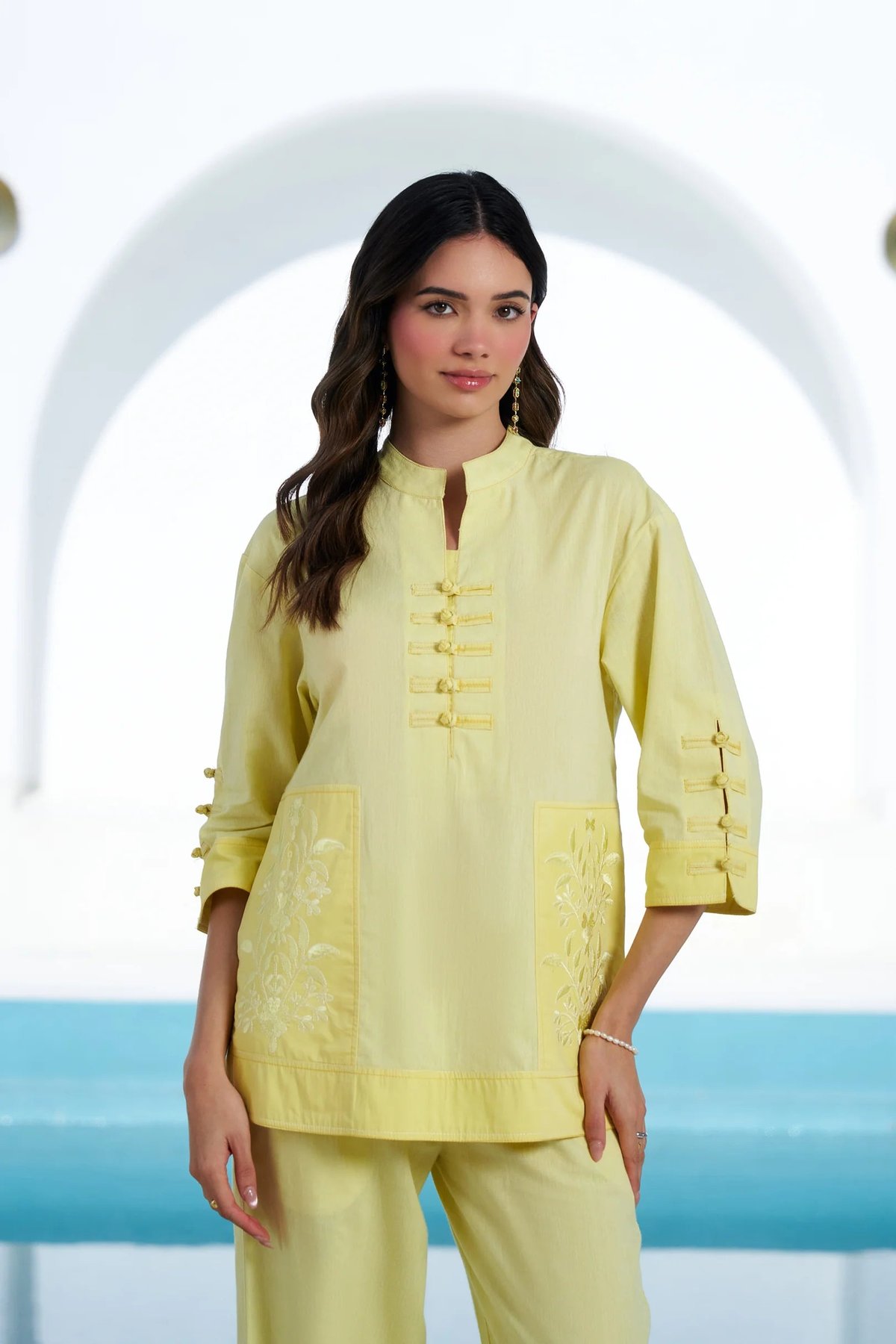 Yellow Chambray Cotton Mandarin Collar Tunic Shirt