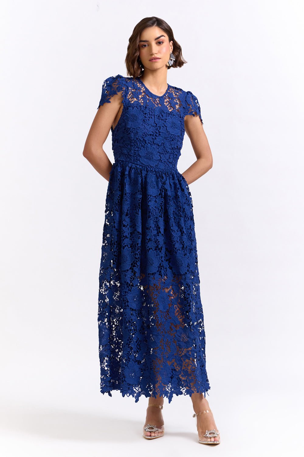 Blue Lace Fit and Flare Maxi Dress