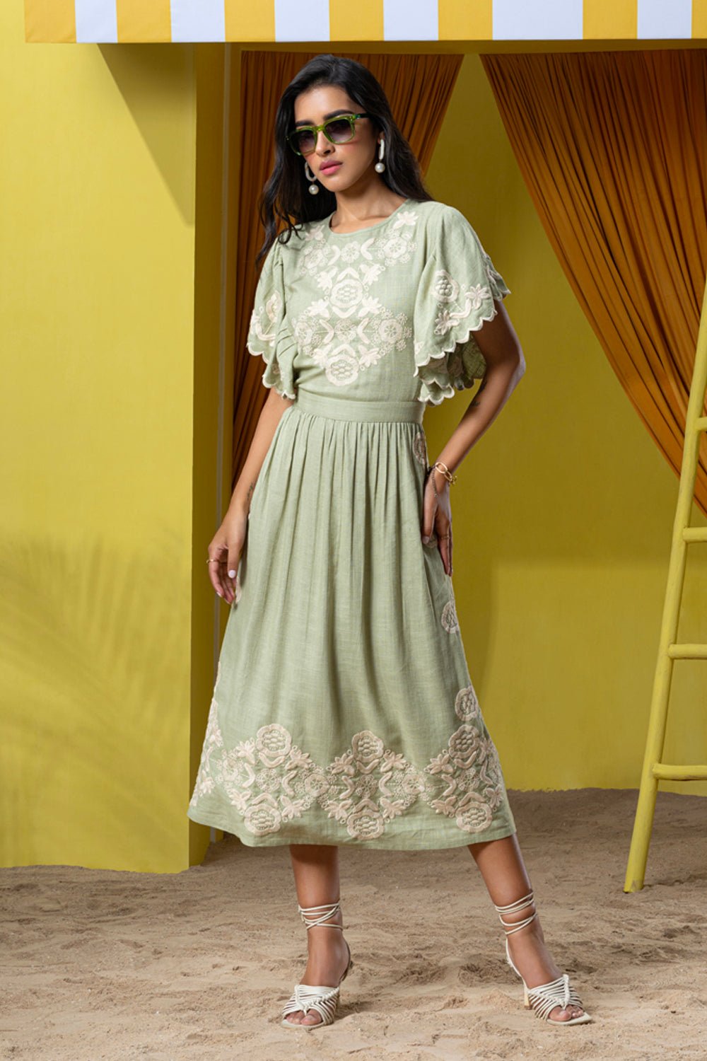 Sage Green Embroidered Linen Fit and Flare Midi Dress