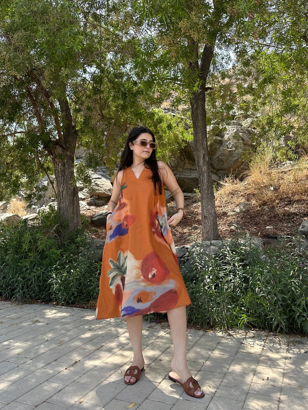 Rust Abstract Floral Printed Cotton Midi Dress with Pockets
