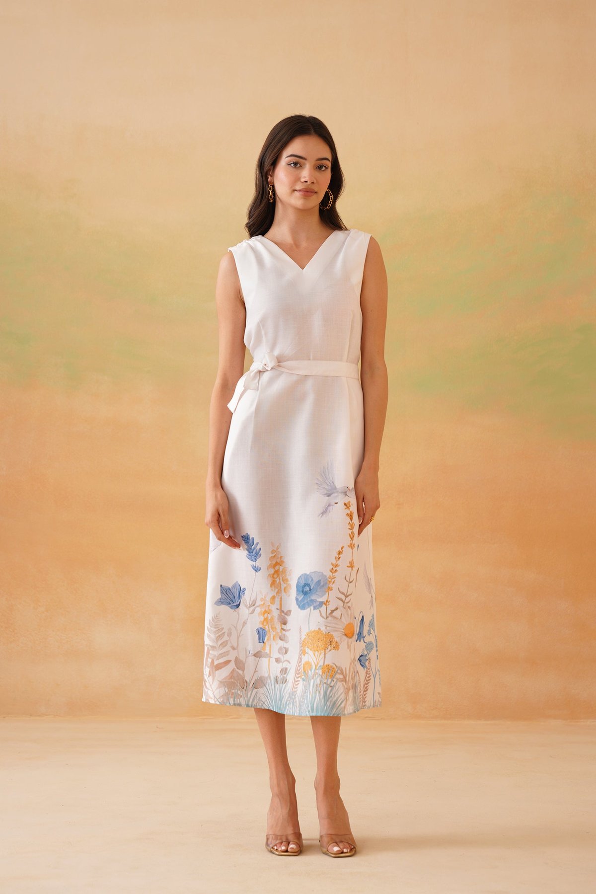 White V-Neck Sleeveless Fit and Flare Midi Dress