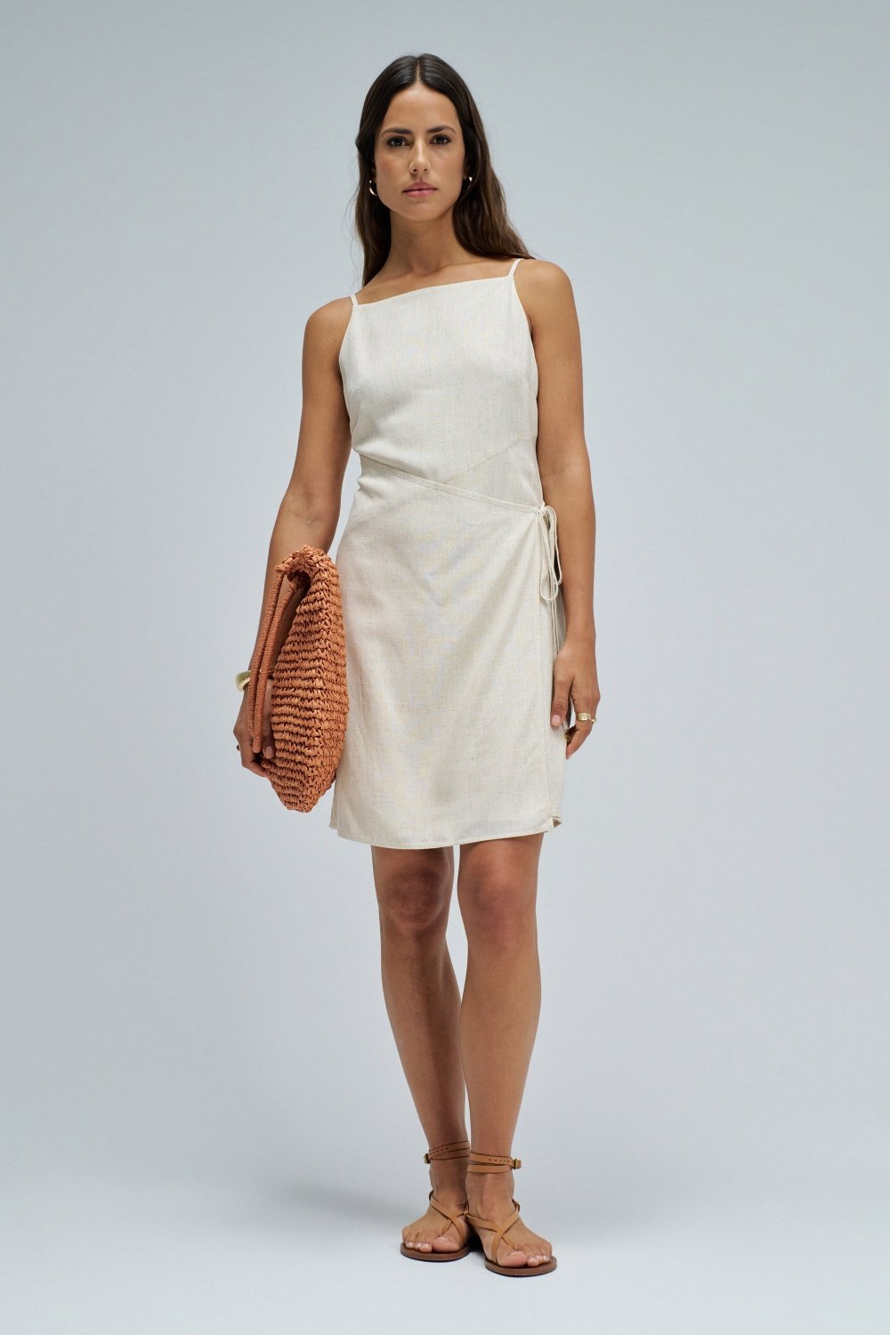Beige Square-Neck Wrap-Tie Mini Dress
