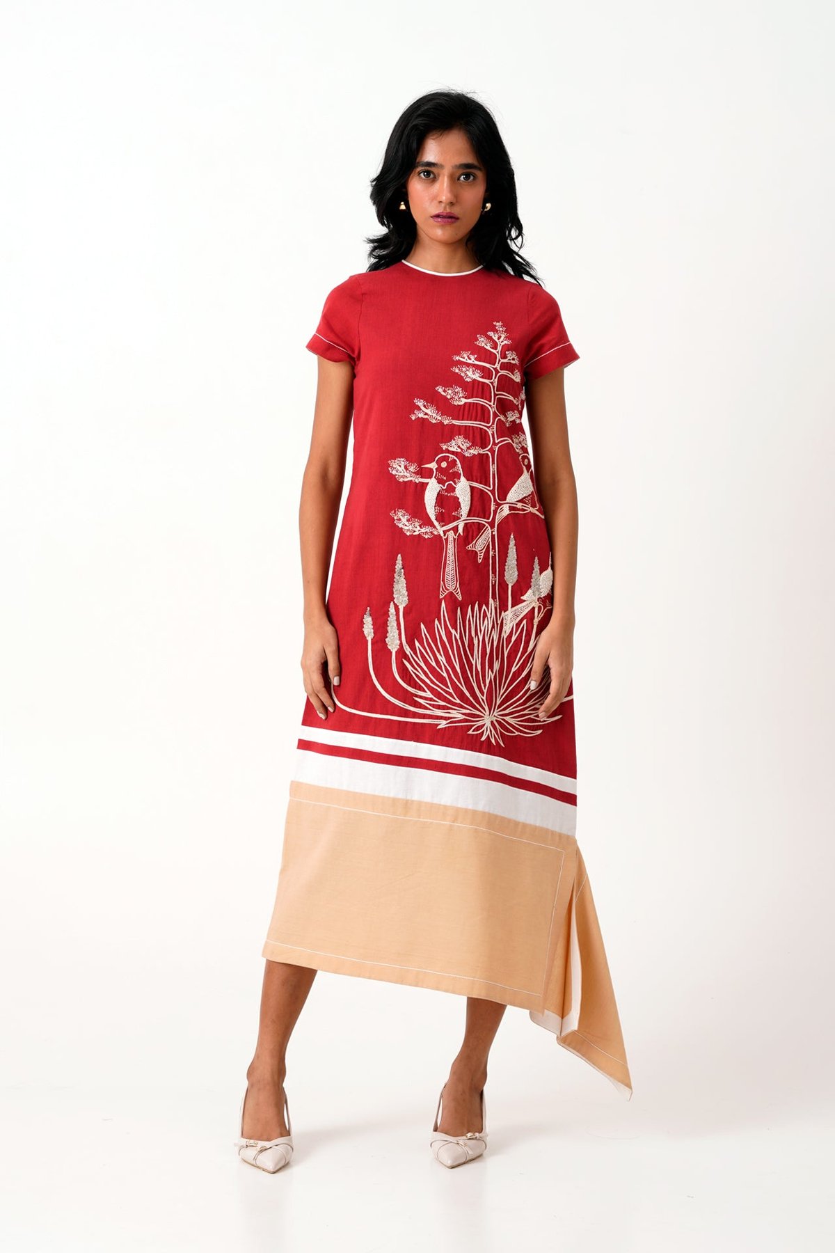 Red Handloom Cotton Embroidered Colorblock Midi Dress