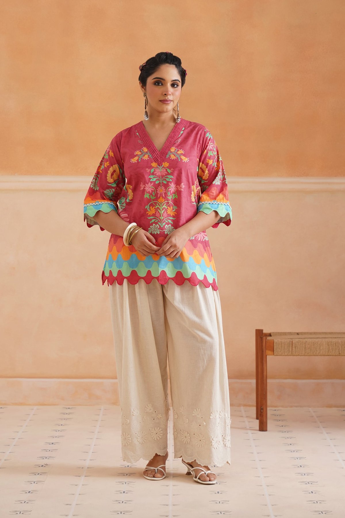 Coral Pink Floral Printed Cotton Kurta Co-ord Set