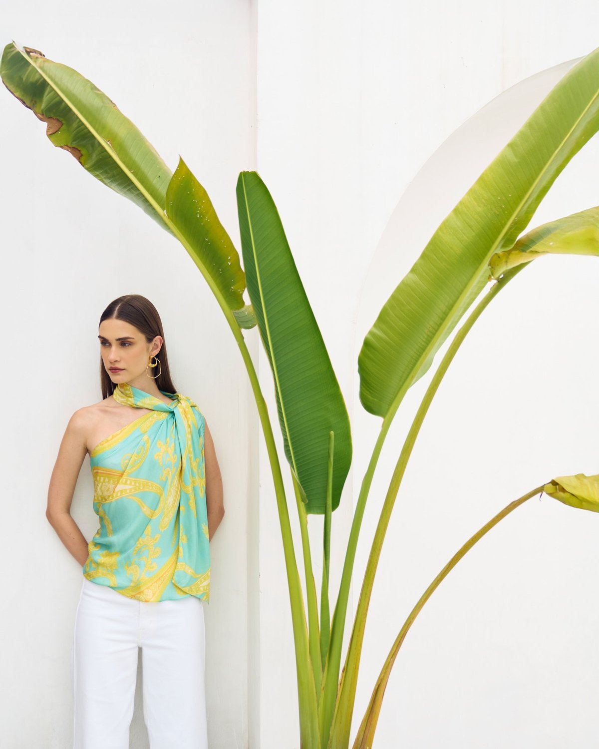Blue/Yellow Printed Satin One-Shoulder Draped Top