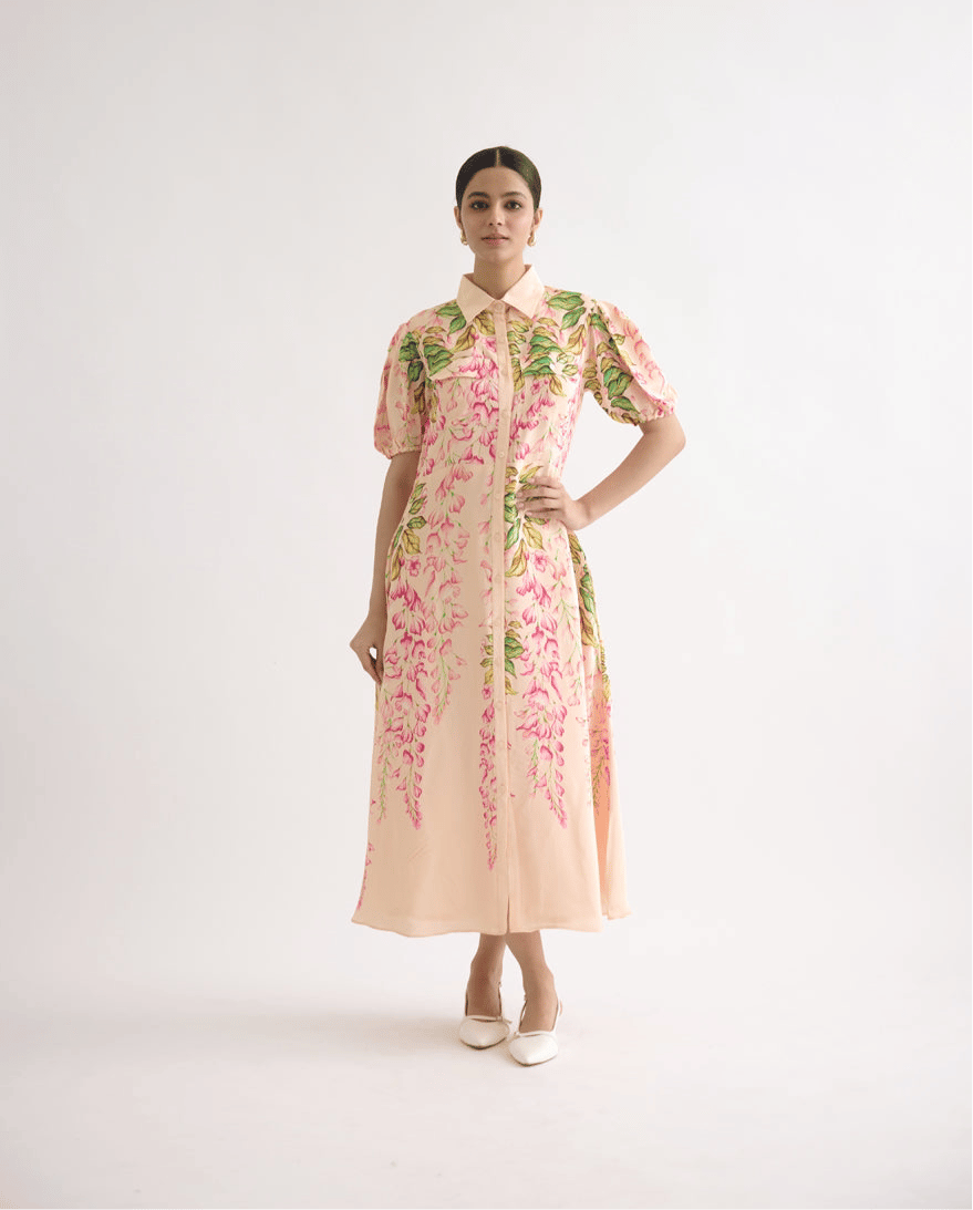 Pink Floral A-Line Midi Shirt Dress with Puff Sleeves