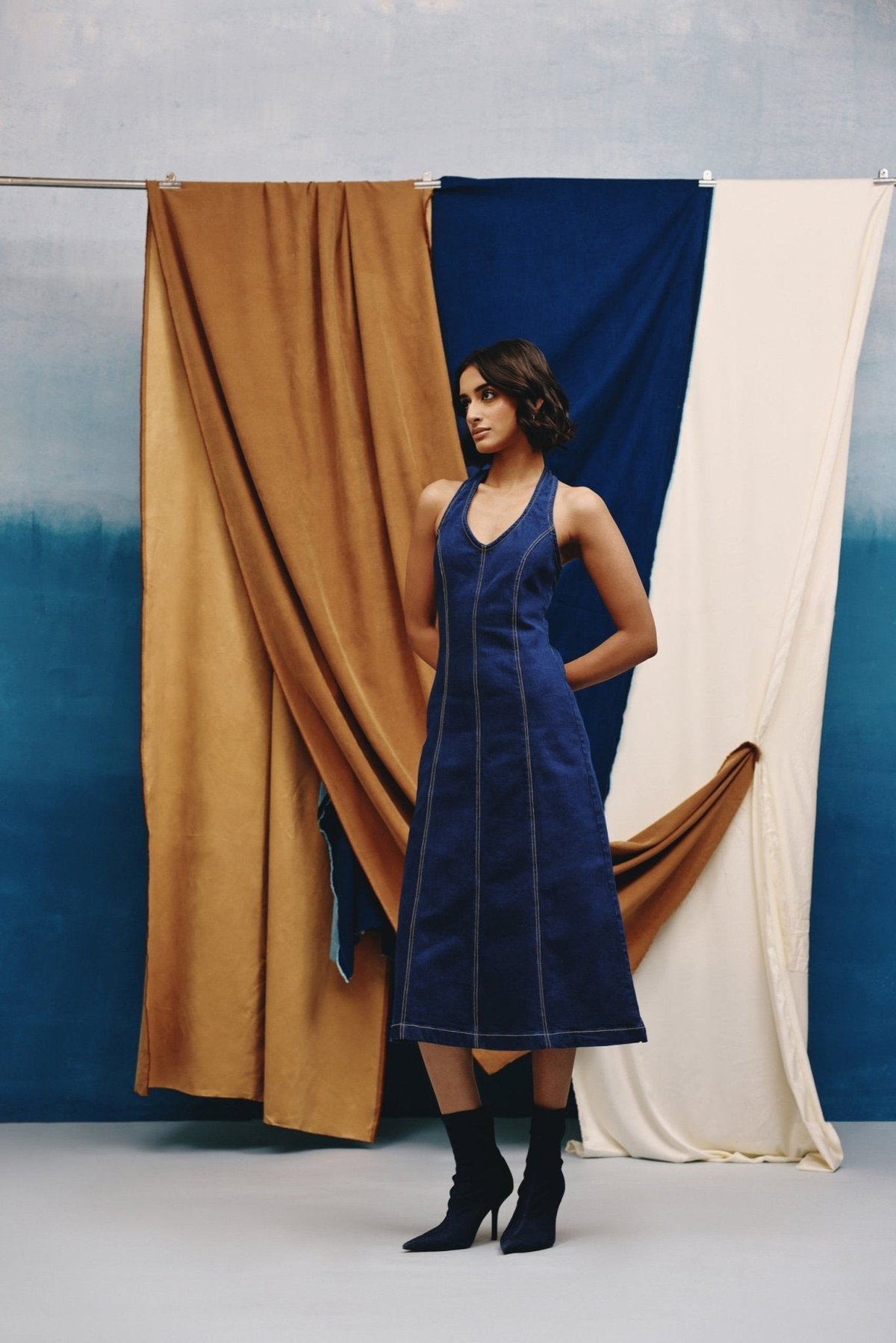 Deep Indigo Halter-Neck Denim Midi Dress with Open Back