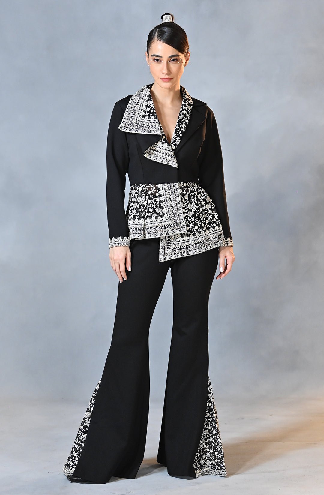 Black Asymmetrical Drape Blazer Pant Set