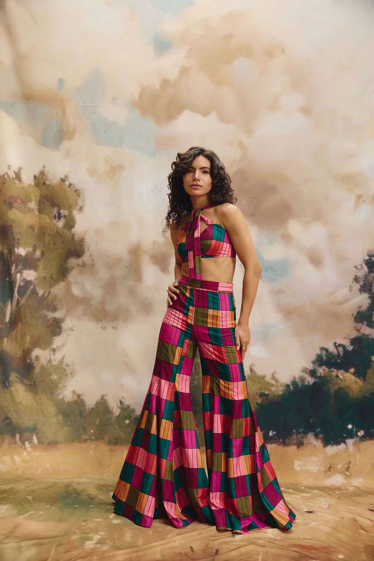 Multicolour Linen Wide-Leg Patchwork Trousers