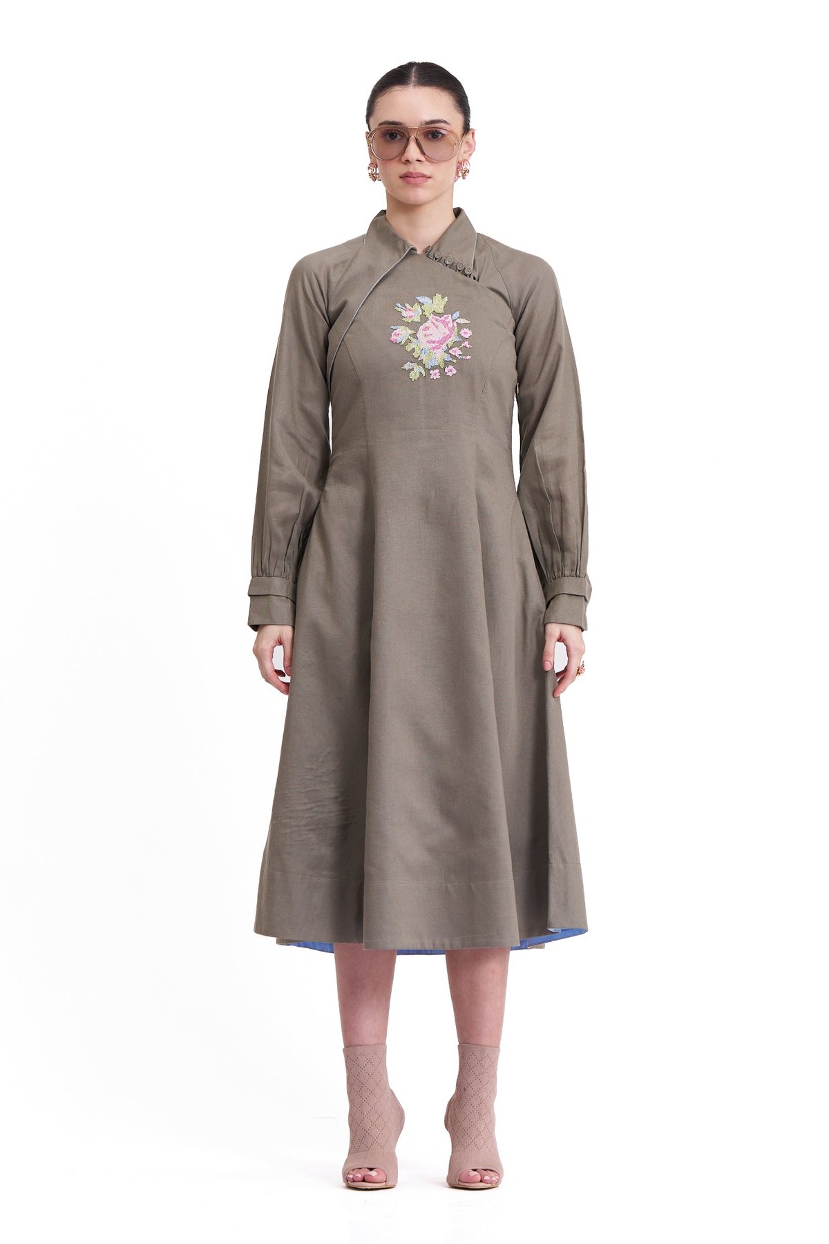 Olive Grey Cotton Linen Fit and Flare Midi Dress