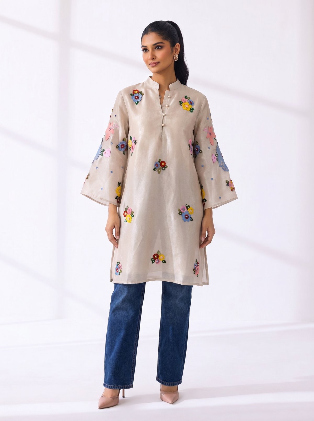 Beige Tissue Organza Floral Appliqué Tunic Top