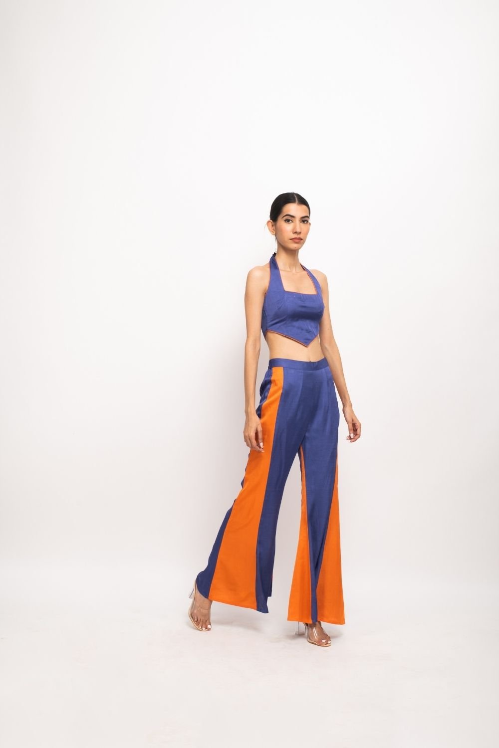 Blue-Orange Halter Bustier and Flared Pants Co-ord Set