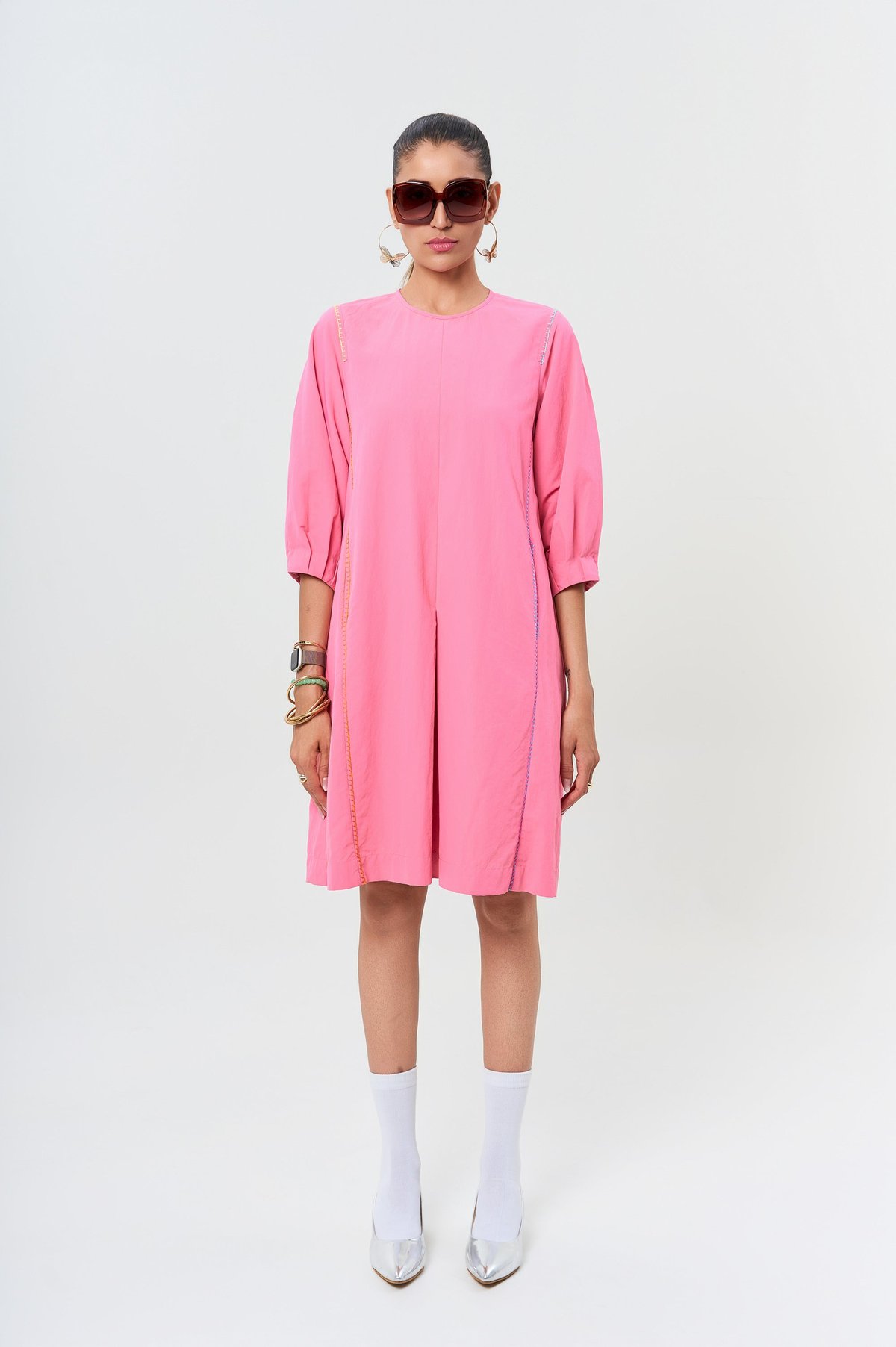 Bright Pink Cotton Knee-Length A-Line Dress with 3/4 Sleeves