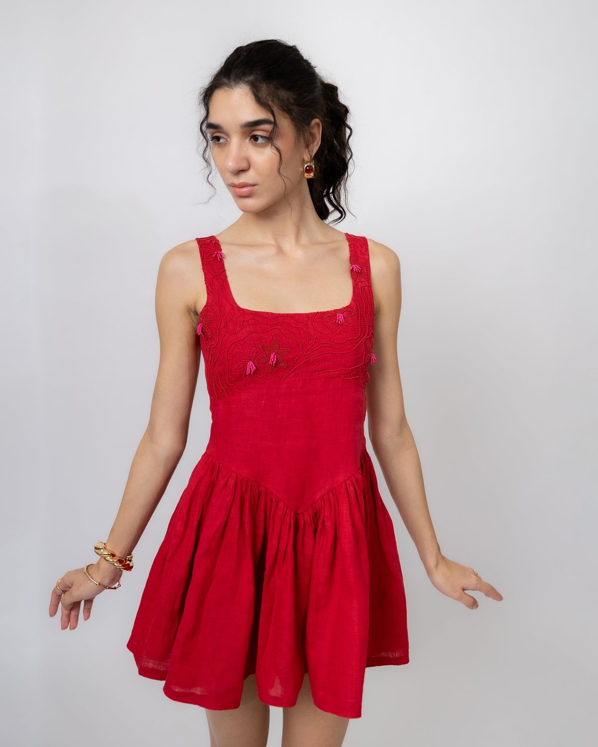 Red Linen Hand-Beaded Fit and Flare Mini Dress