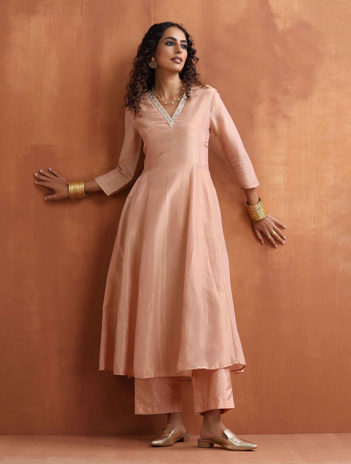 Blush Pink Tissue Anarkali Kurta Set with Pants