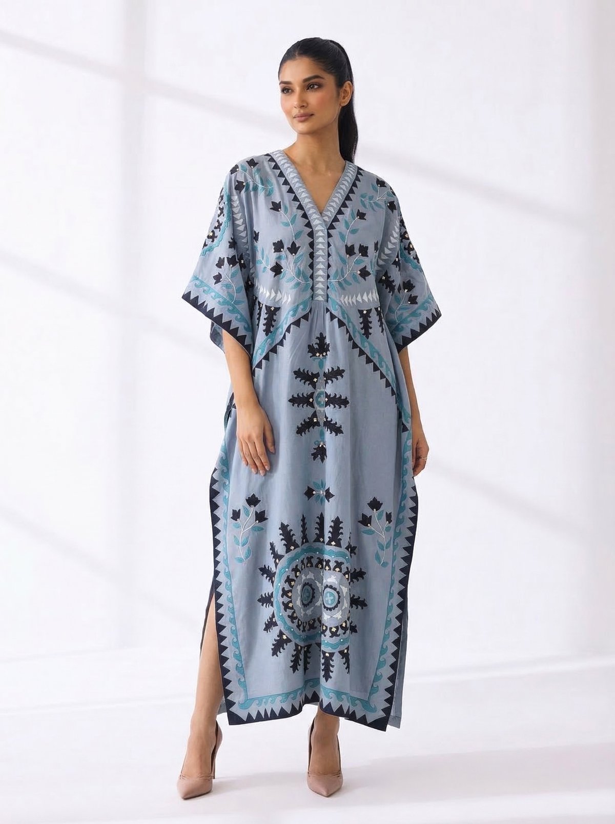 Powder Blue Printed Kaftan Maxi Dress