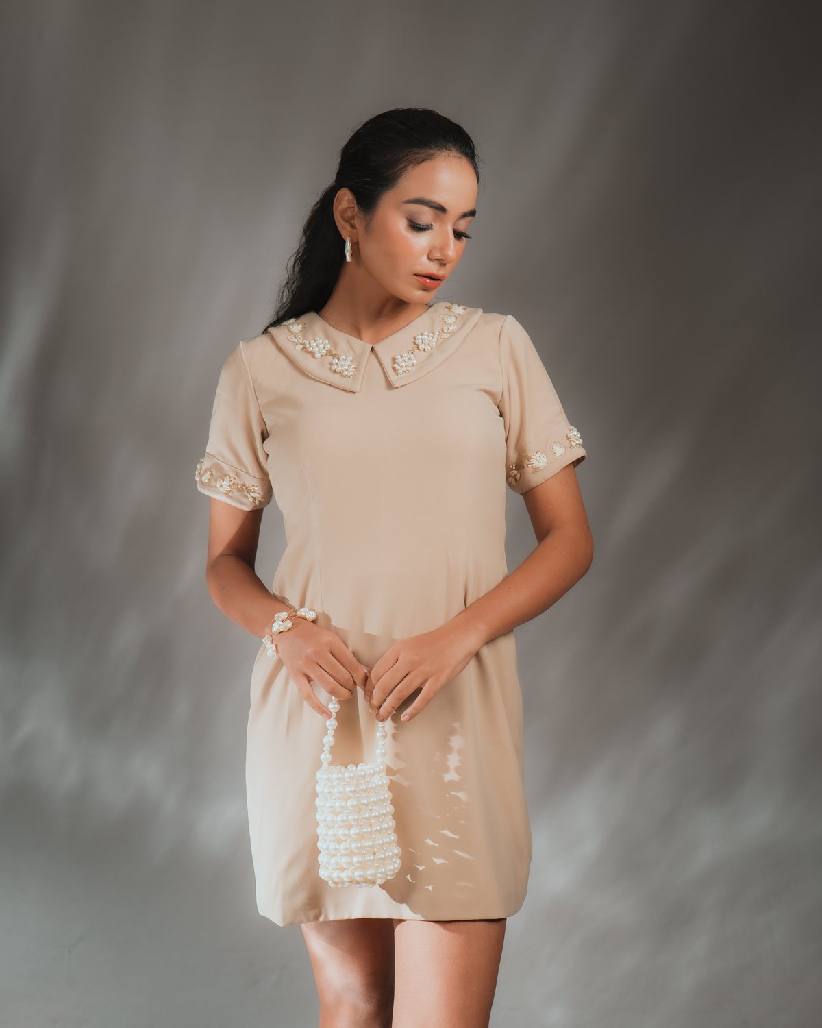 Cream Mini Shift Dress with Pearl-Embellished Collar