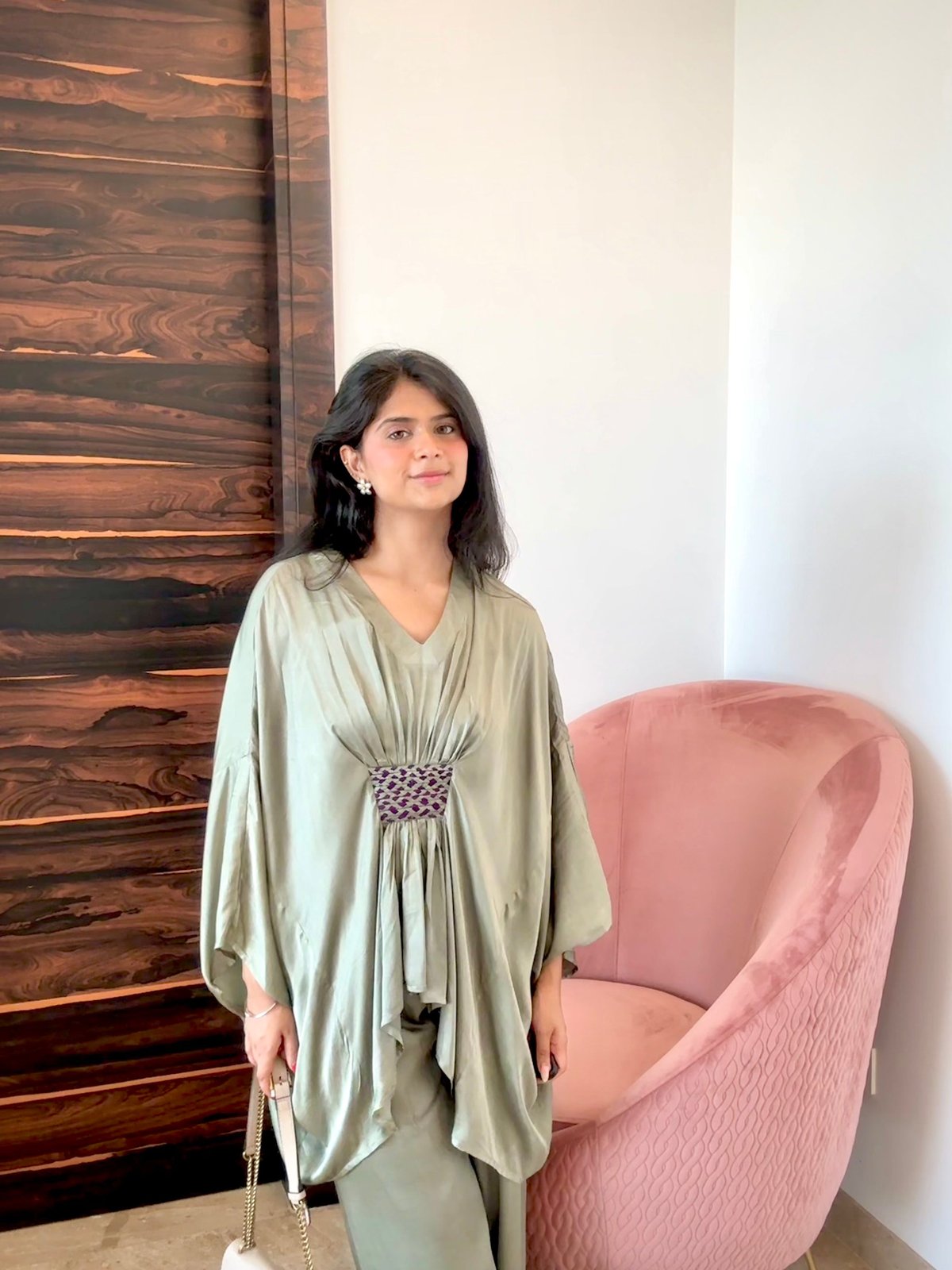 Sage Green Kaftan Co-ord Set with Wide-Leg Pants