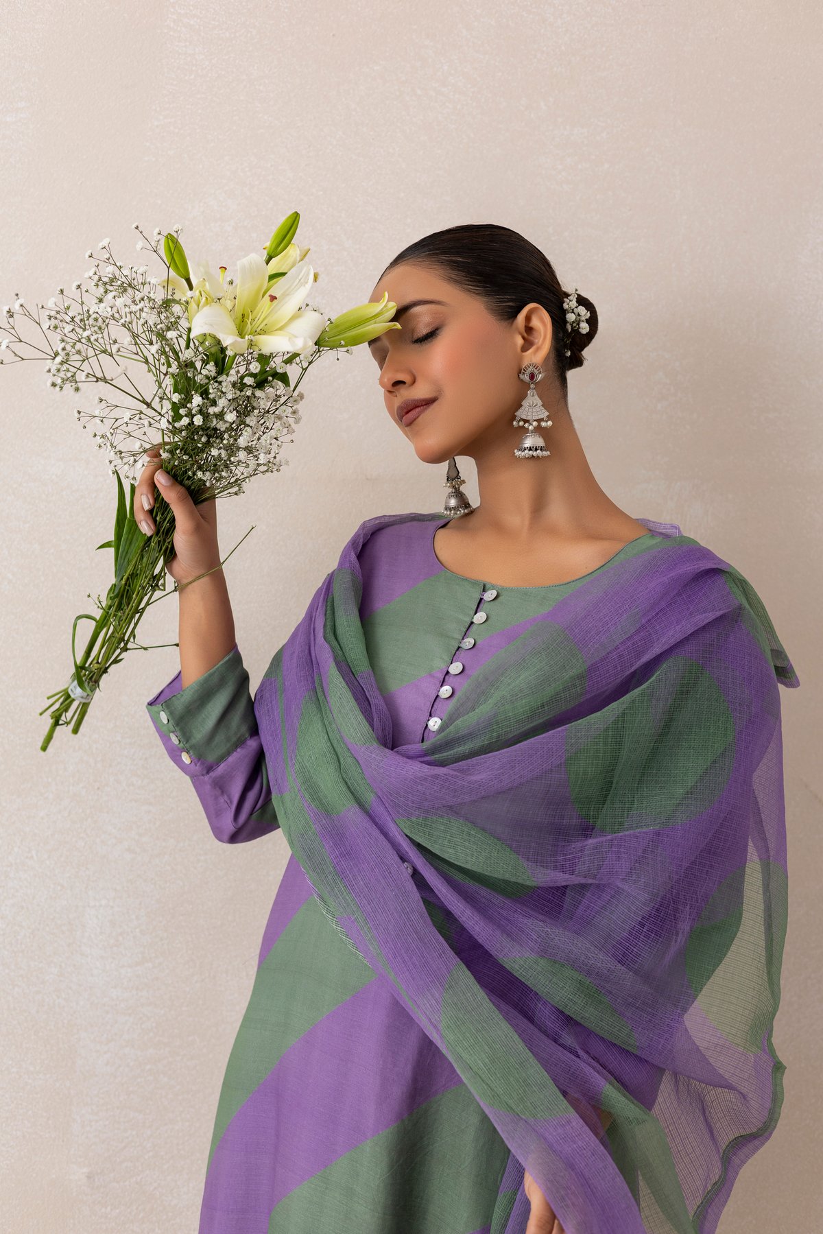 Purple and Green Printed Straight Kurta Set with Dupatta