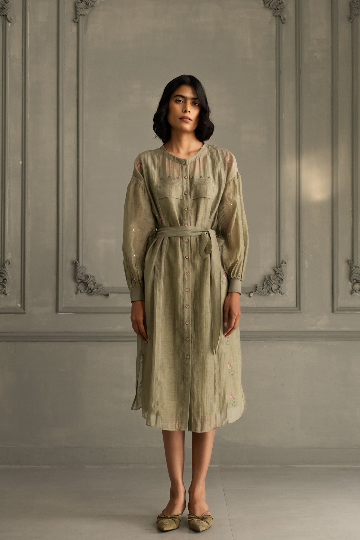 Sage Green Dress With Belt And Hand Embroidery
