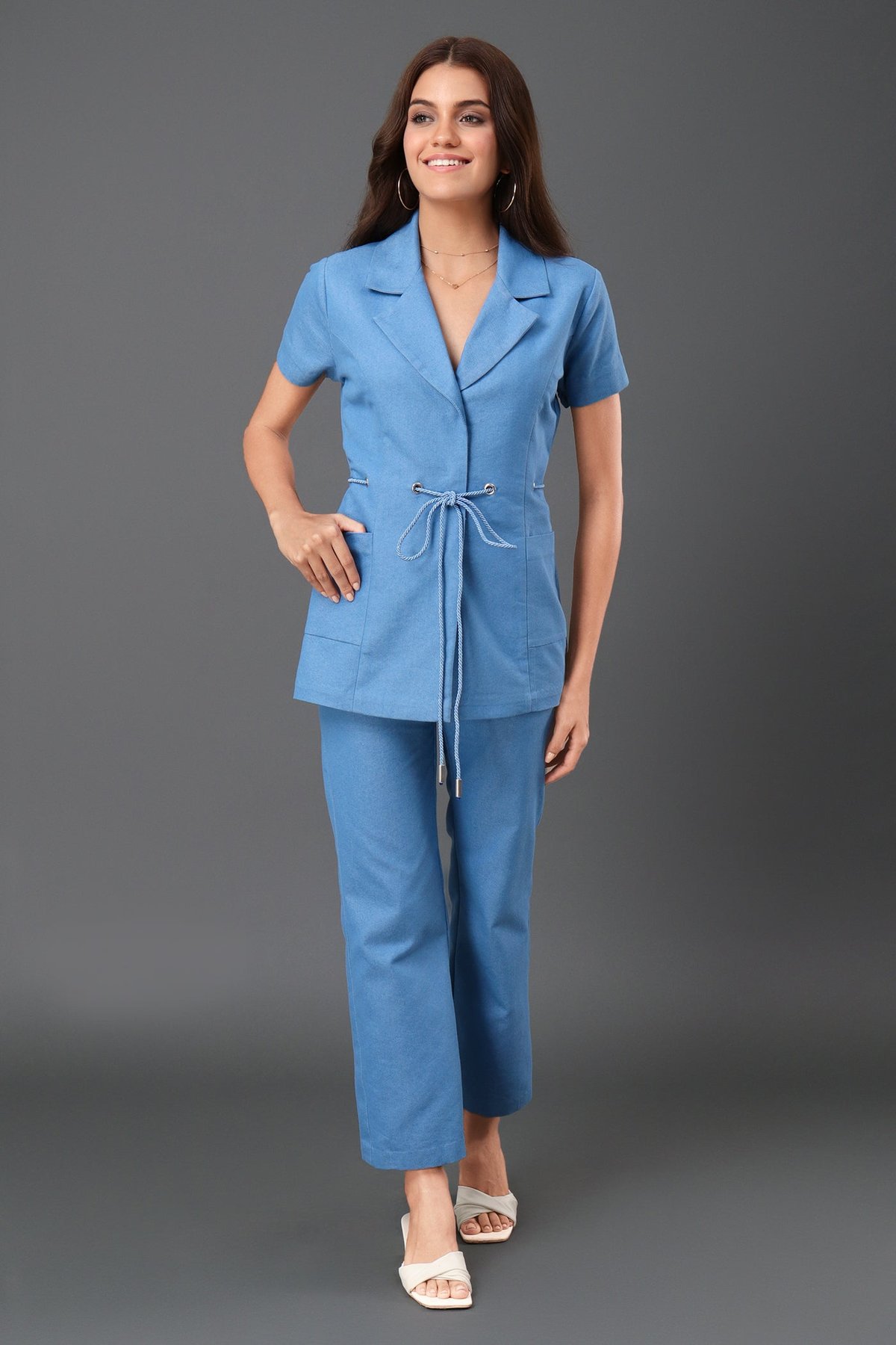 Blue Denim Blazer Top and Bootcut Trousers Co-ord Set