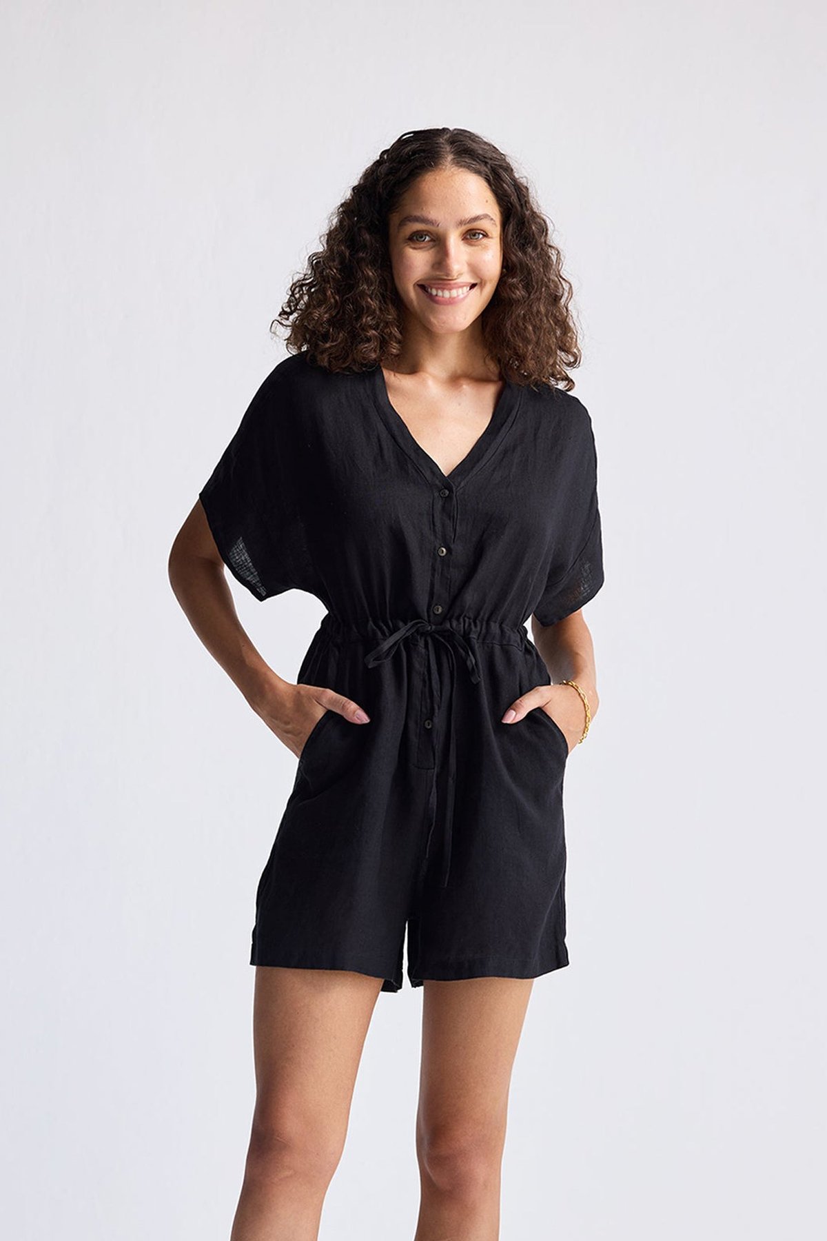 Black Hemp V-Neck Drawstring Romper