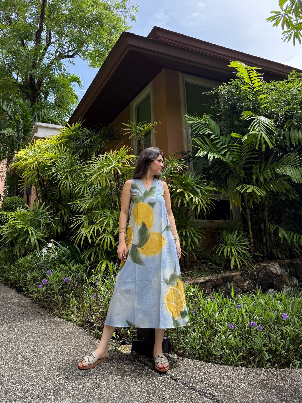 Blue Lemon Print Sleeveless V-Neck Midi Dress with Pockets