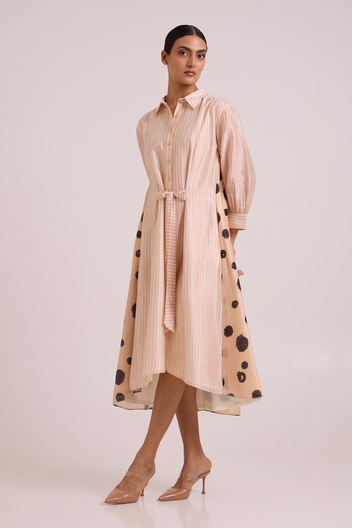 Almond Mixed-Print Midi Shirt Dress with Tie Belt