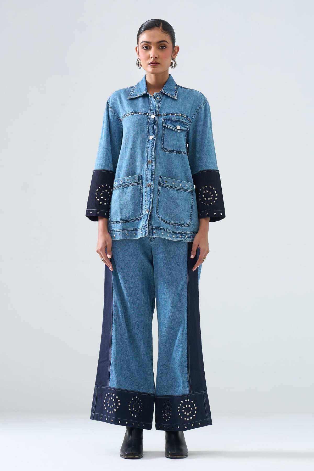 Blue Denim Shirt and Wide-Leg Pants Co-ord Set
