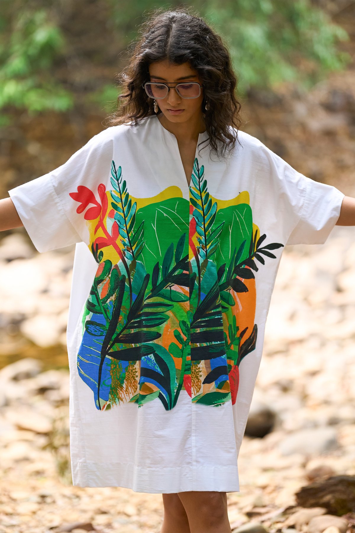 Multicolor Graphic Print Knee-Length Popover Shirt Dress