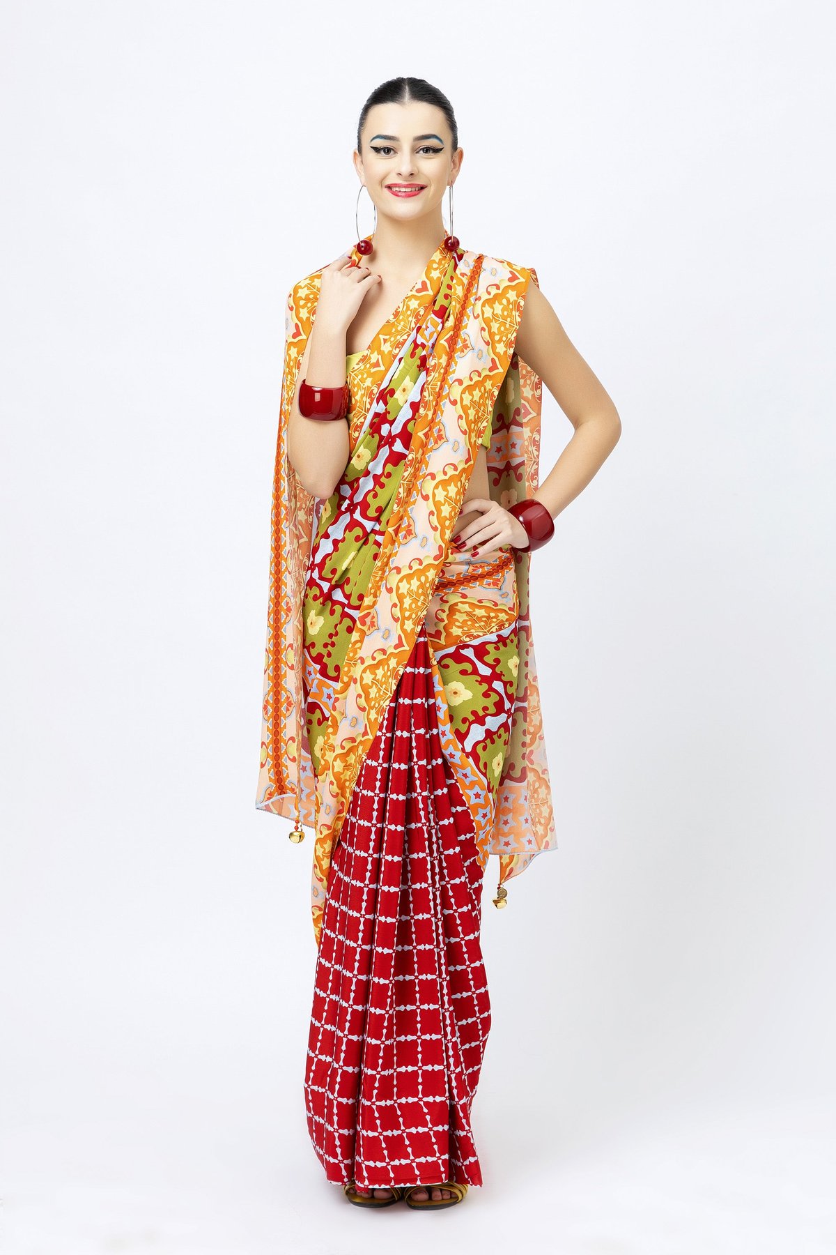 Multicolour Printed Crepe Saree with Contrast Border