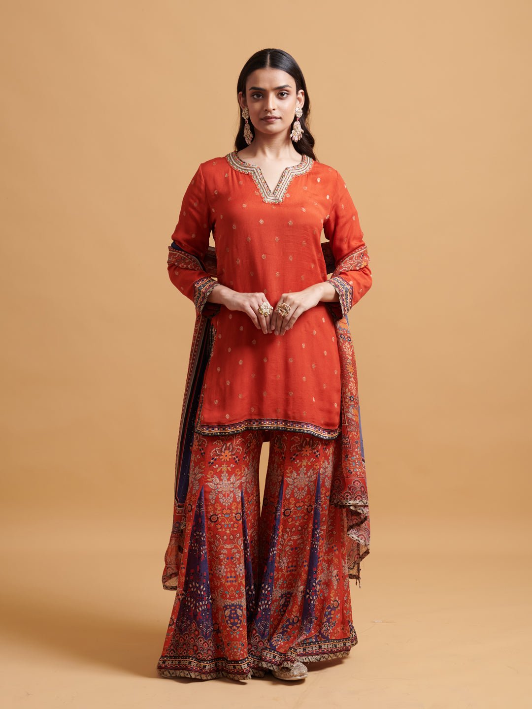 Rust V-Neck Kurta Sharara Set with Dupatta