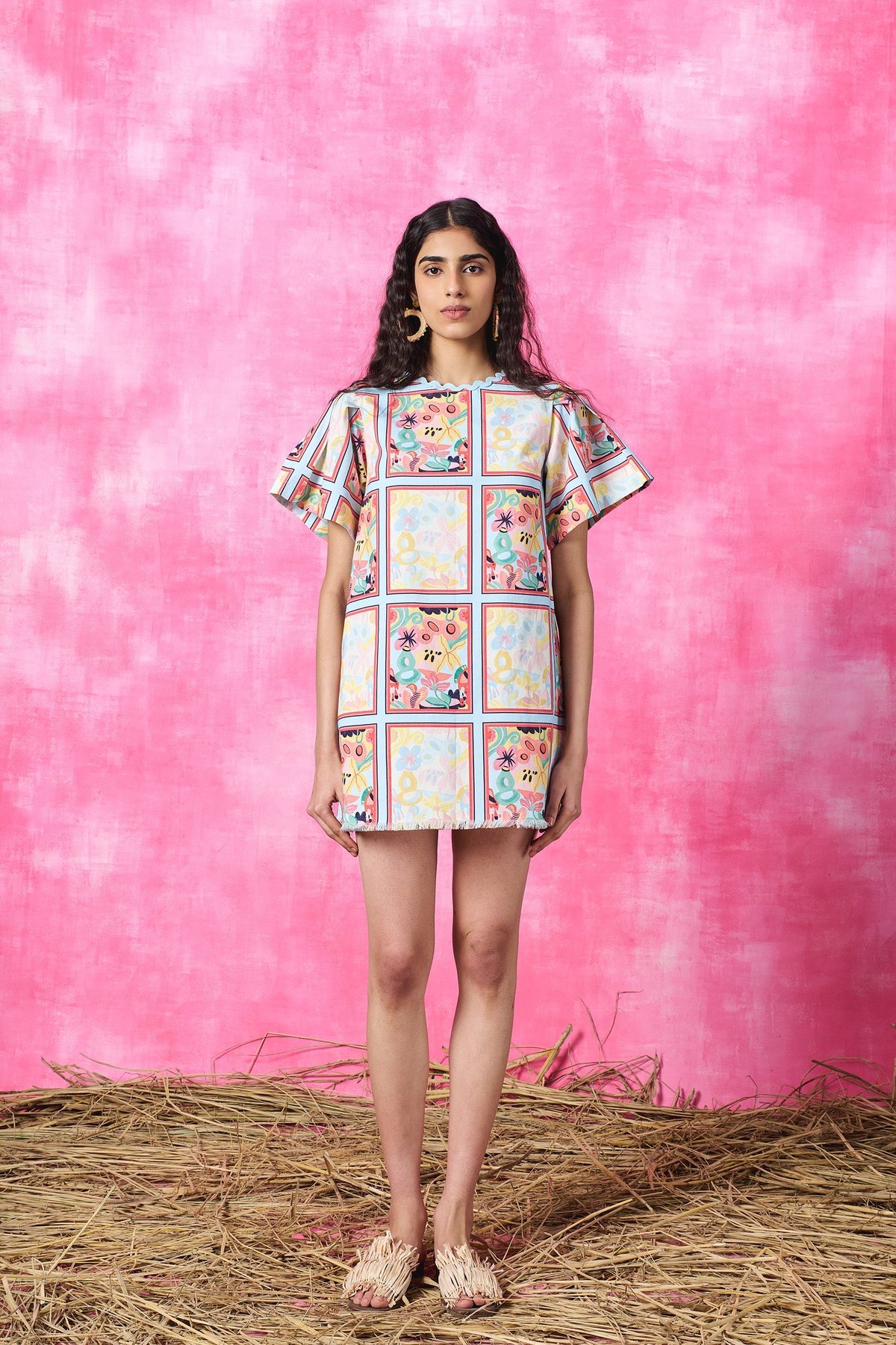 Multicolor Printed Denim Mini Shift Dress