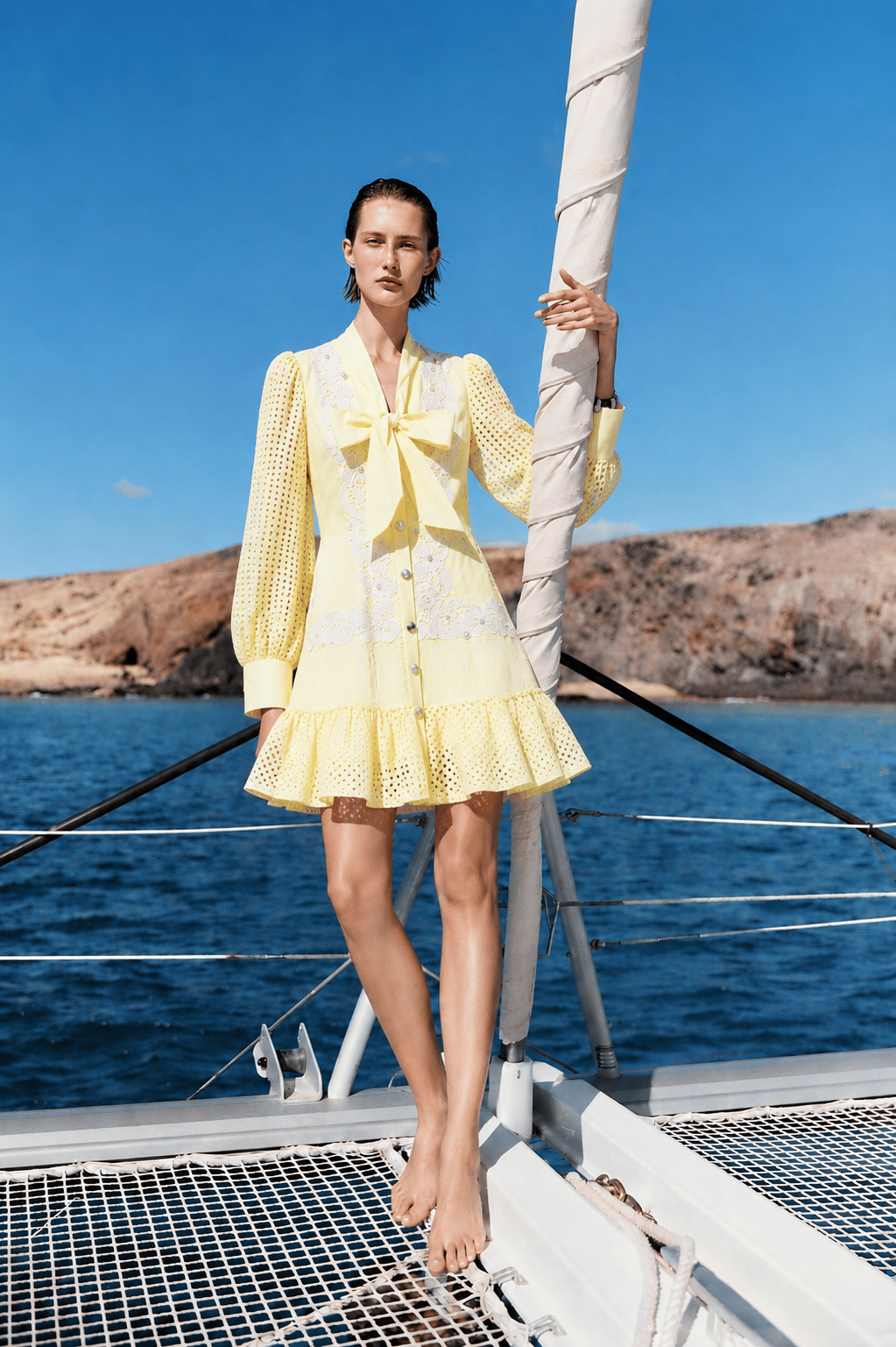 Yellow Tie-Neck Button-Down Fit and Flare Mini Dress