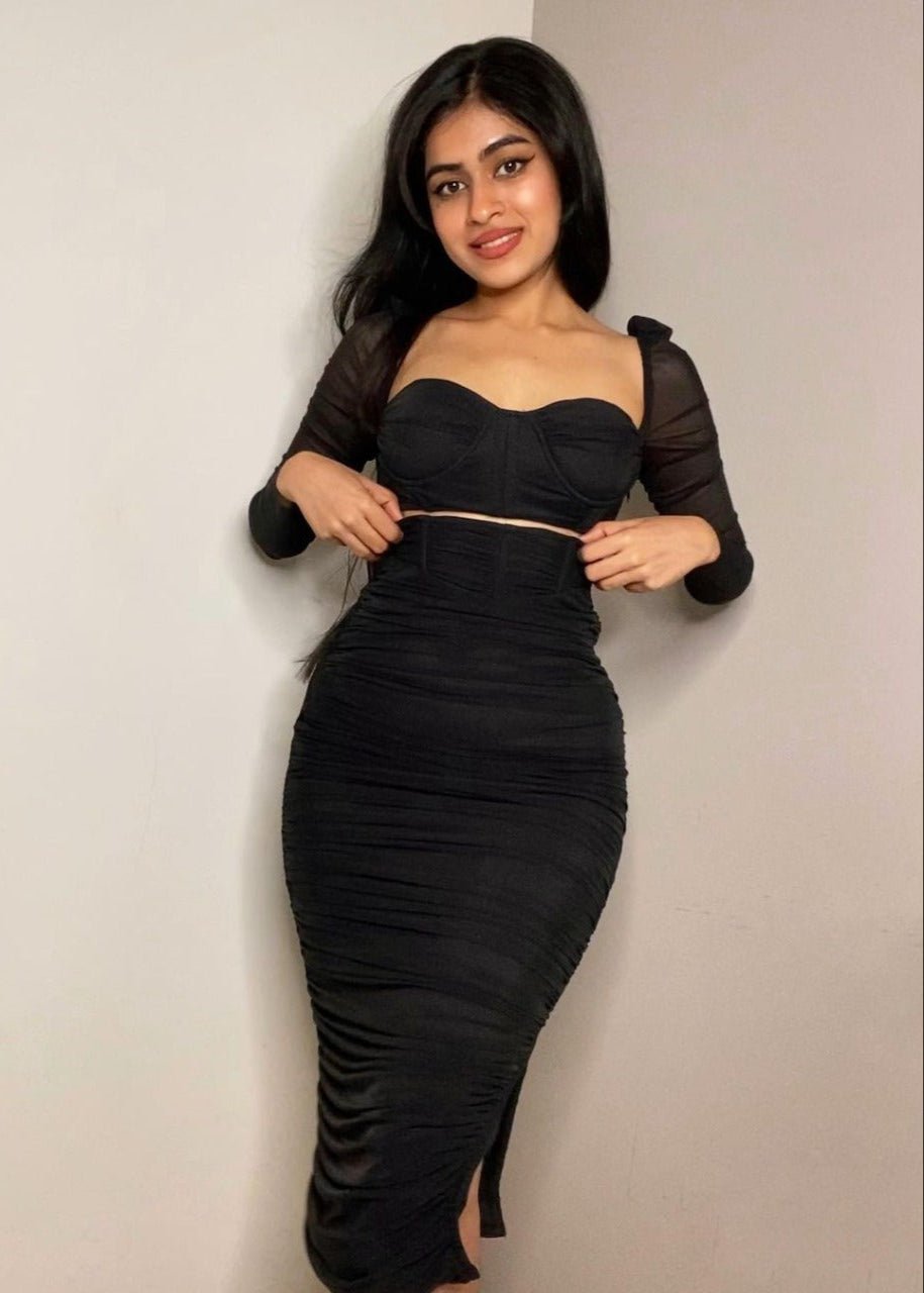 Black Ruched Midi Corset Dress with Sheer Sleeves