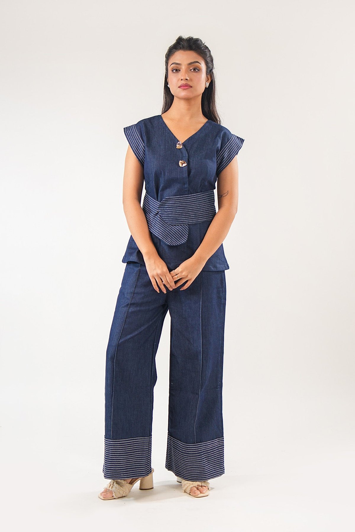 Blue Denim Wrap Top and Wide-Leg Pants Co-ord Set