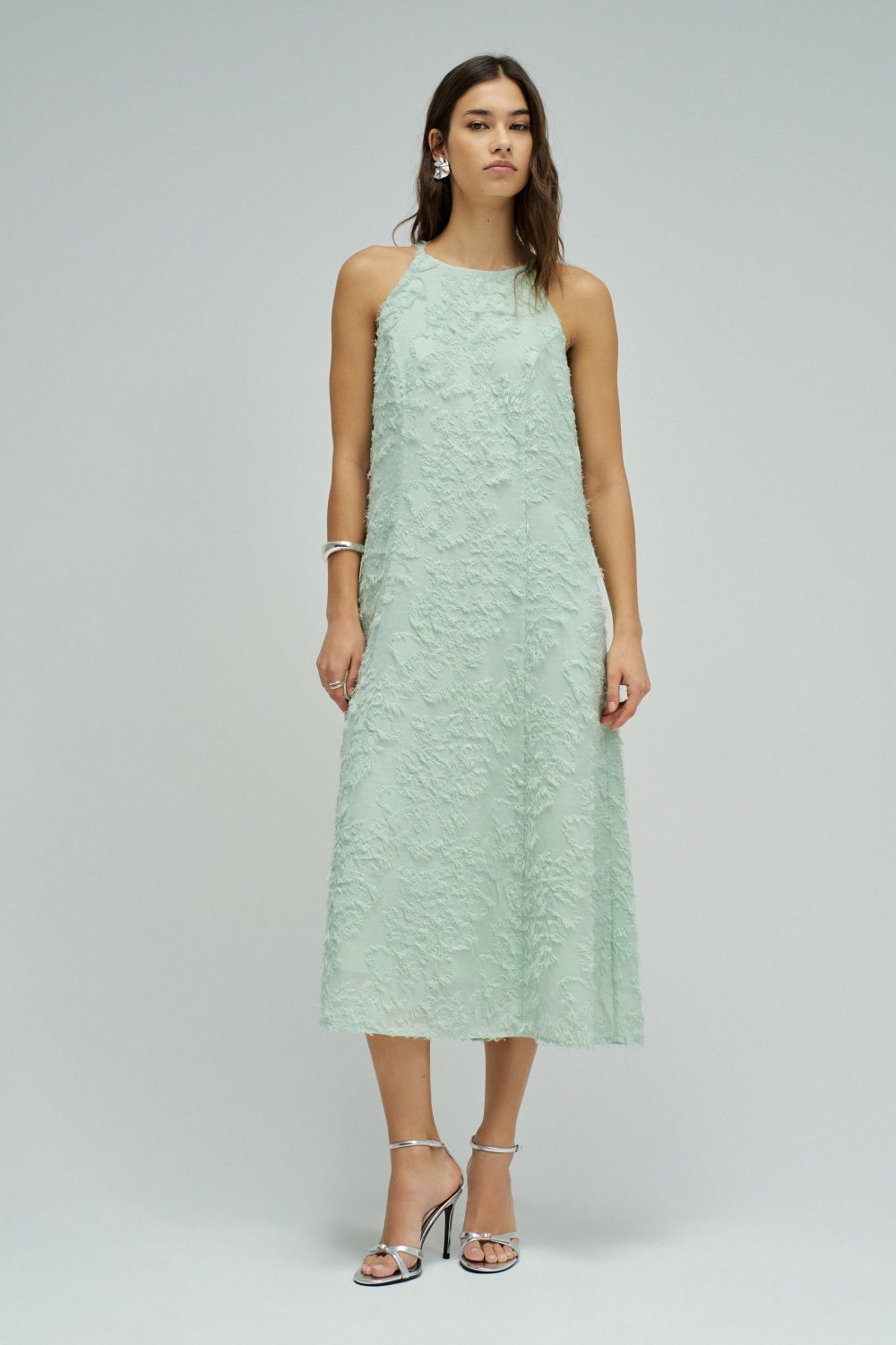 Light Green Textured High Neck A-Line Midi Dress