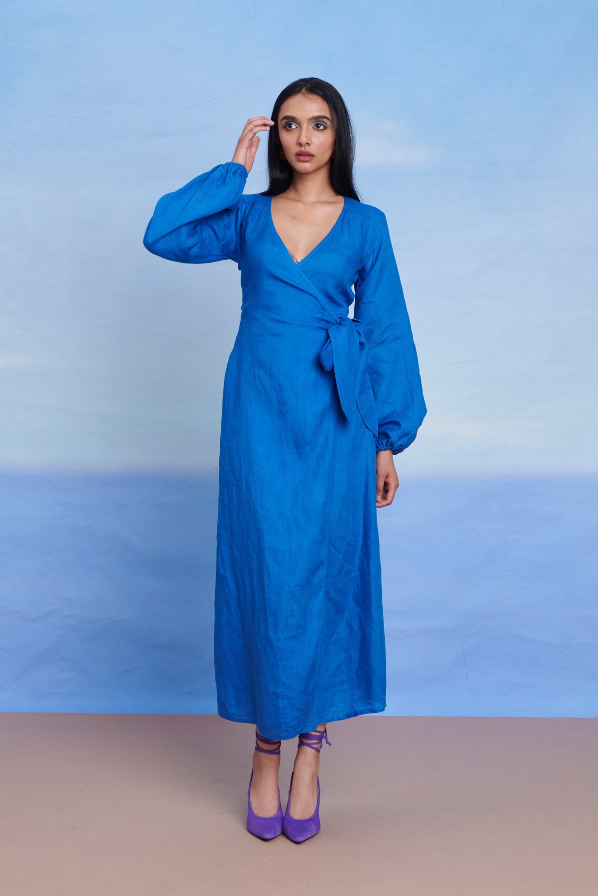 Blue Linen Wrap Maxi Dress with Billow Sleeves