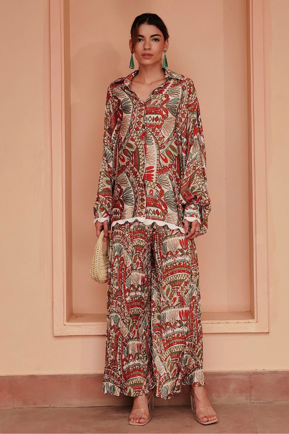 Multicolor Moroccan Print Silk Shirt and Pant Co-ord Set