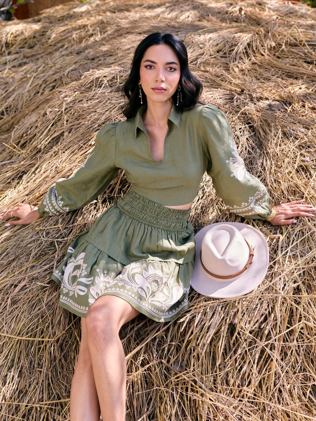 Green Linen Crop Top with Embroidered Sleeves