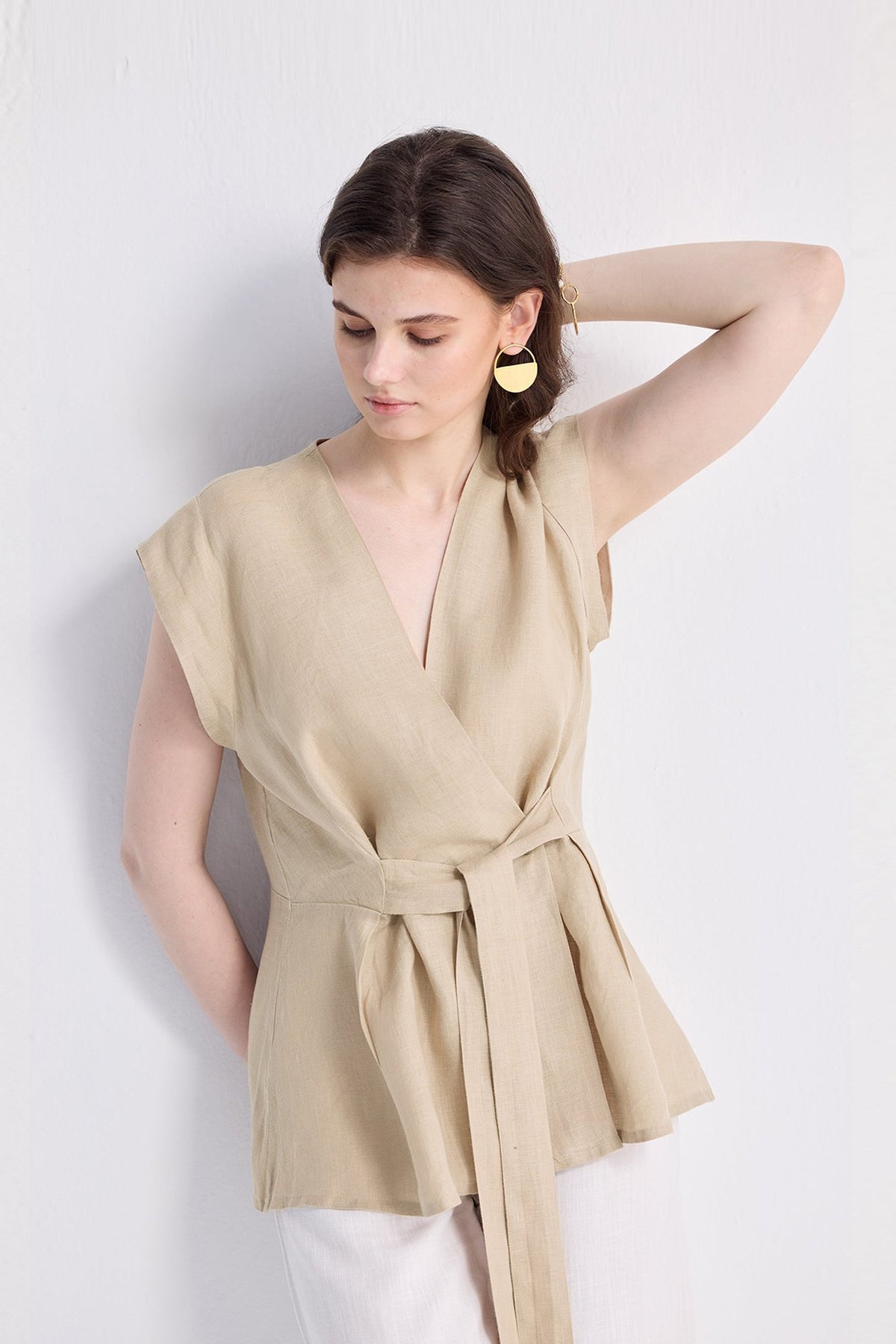 Neutral Beige Hemp Wrap Top with Front Tie