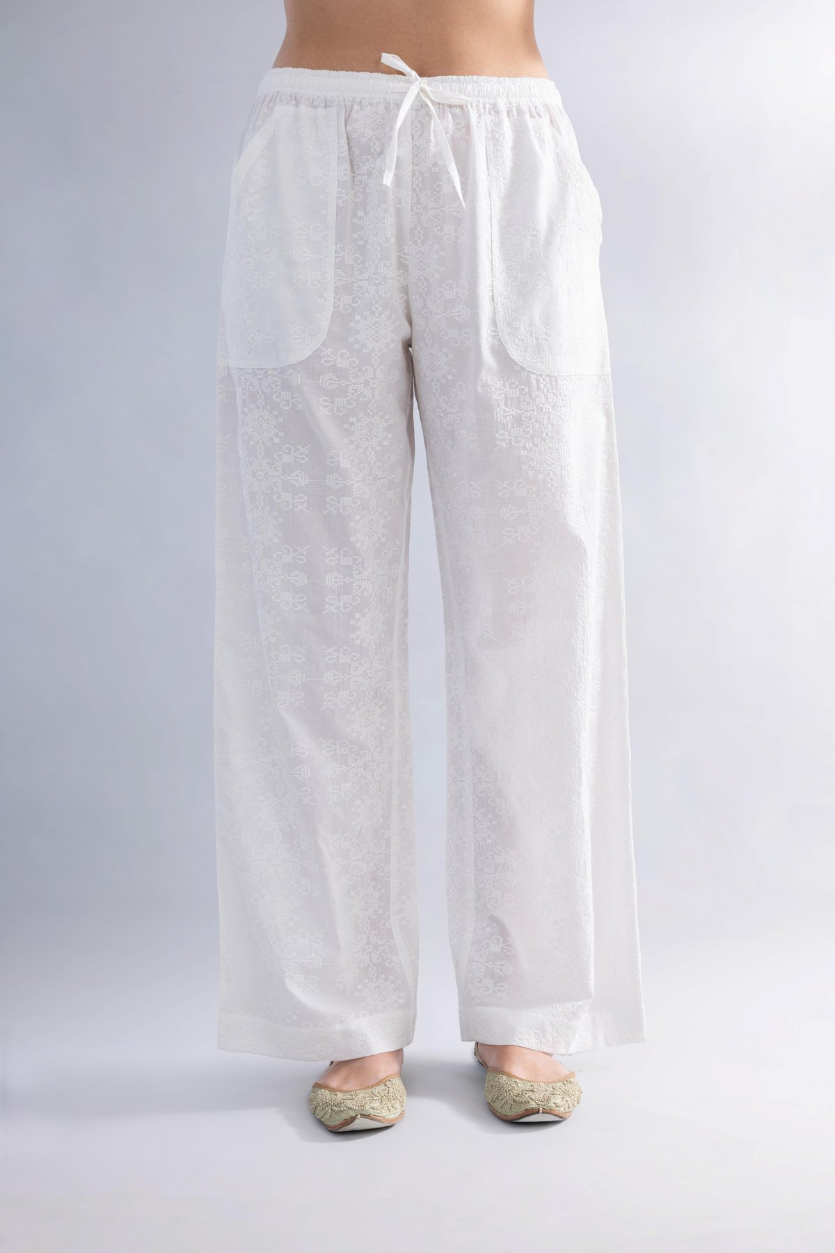 White Cotton Schiffli Straight-Leg Trousers