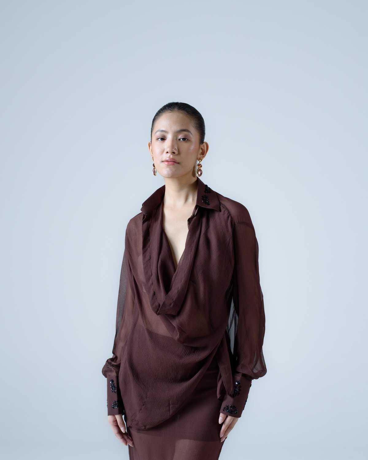 Dark Brown Silk Chiffon Draped Asymmetric Shirt